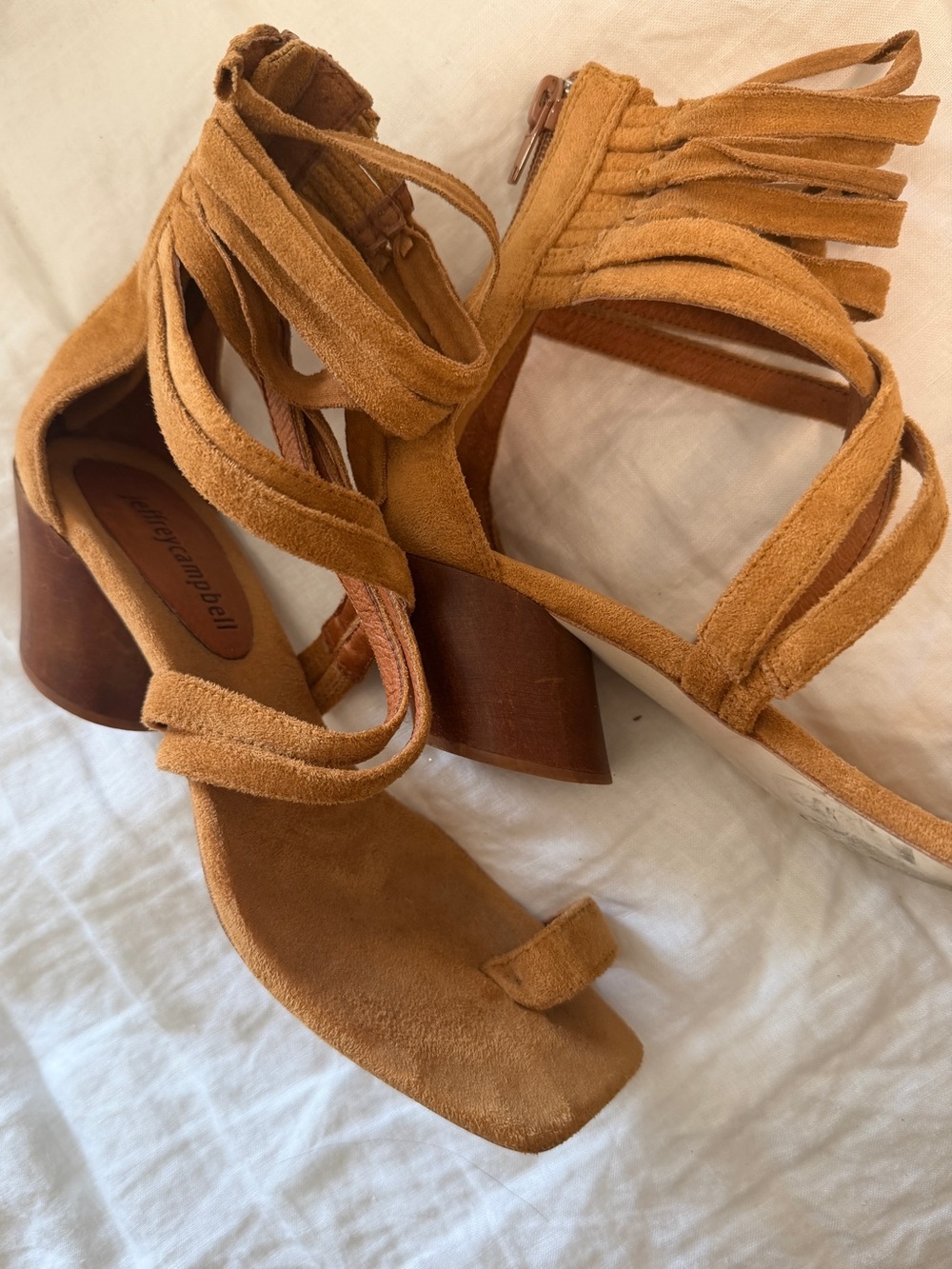 Jeffrey Campbell Tan Suede Lace-Up Wood Heel Sandals